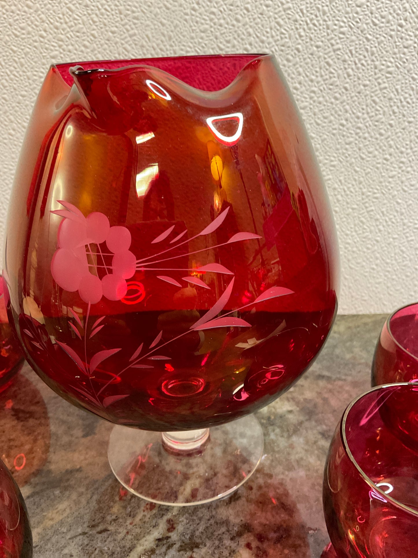 MCM Aynsley Cranberry Flower Pitcher and 5 Roly Poly Glasses