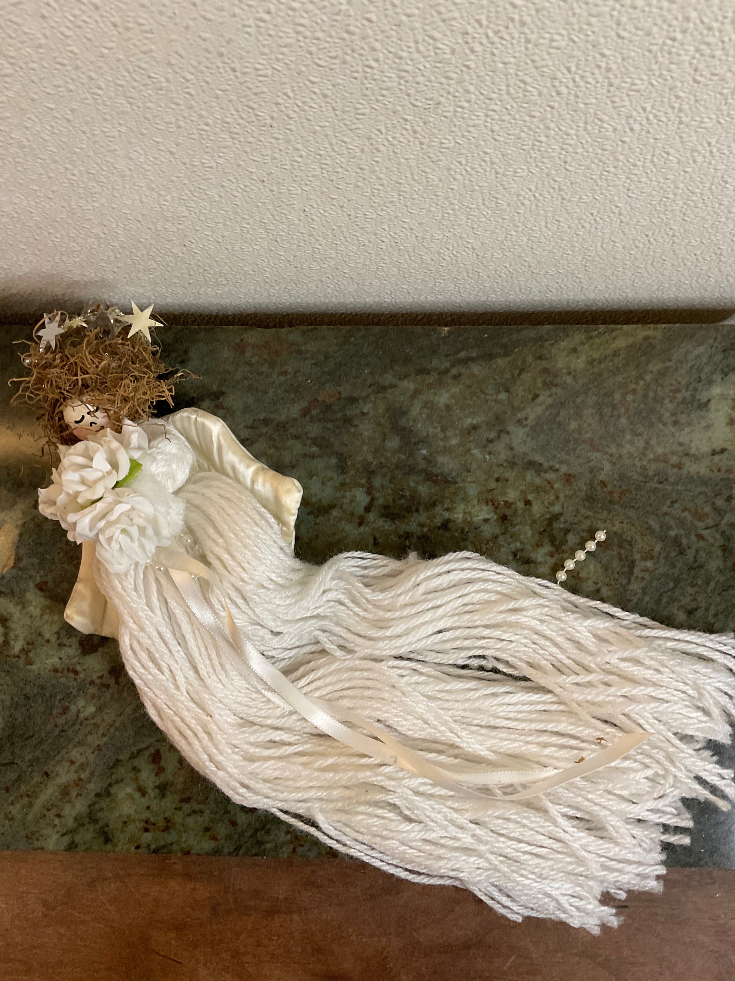 White Yarn Angel With Flowers