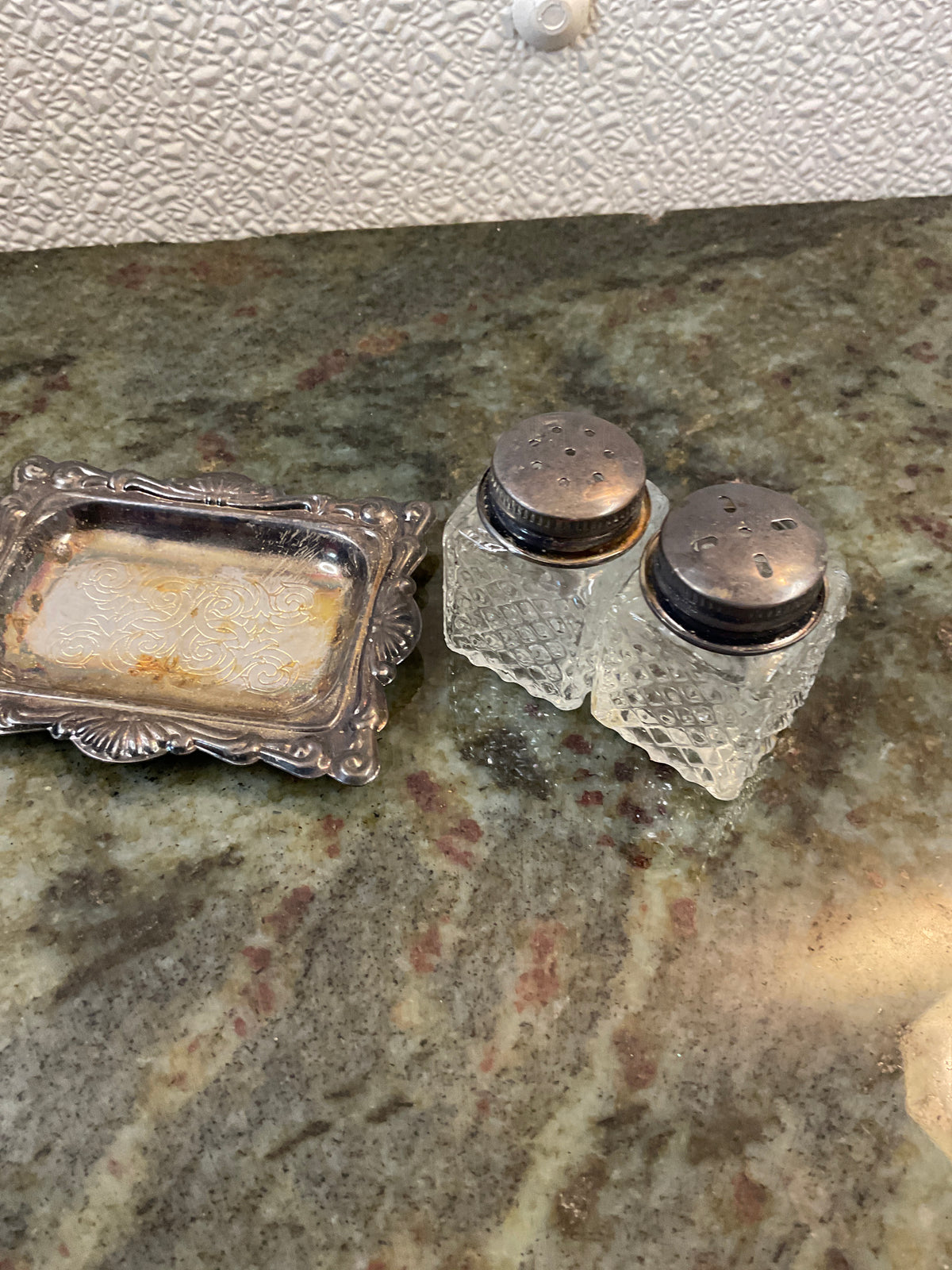 Diamond-Patterned Glass Salt & Pepper Shakers on Silver Plated Tray
