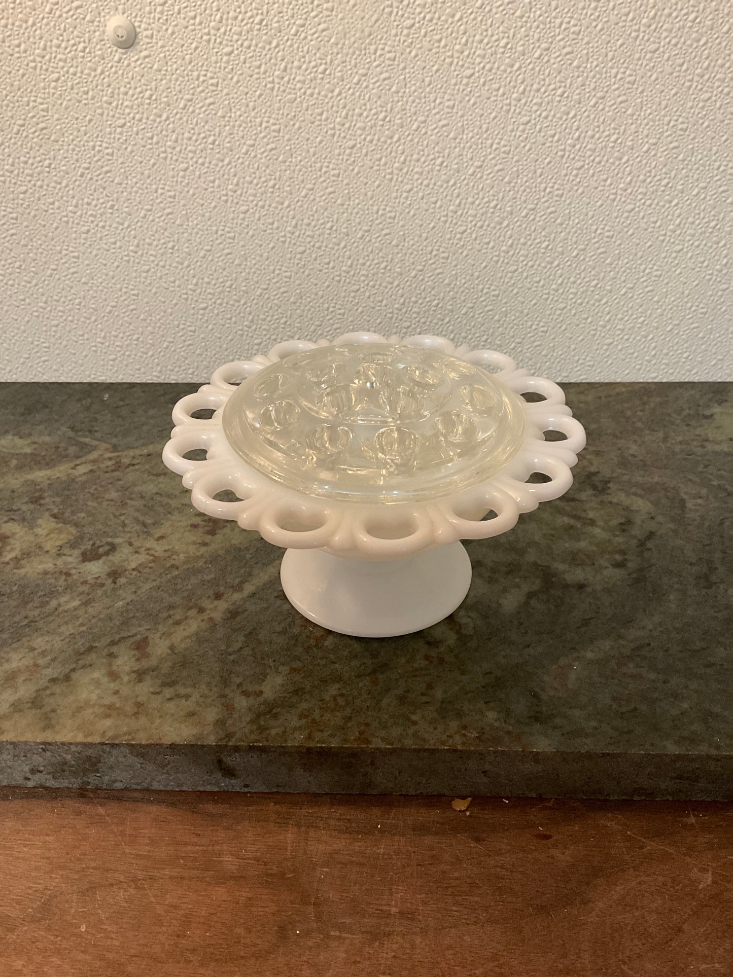 Vintage Anchor Hocking Milk Glass Pedestal Bowl, Old Colony With Glass Flower Frog