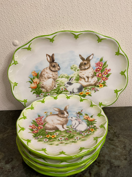 Ceramic Oval Bunnies Platter and 6 Plates