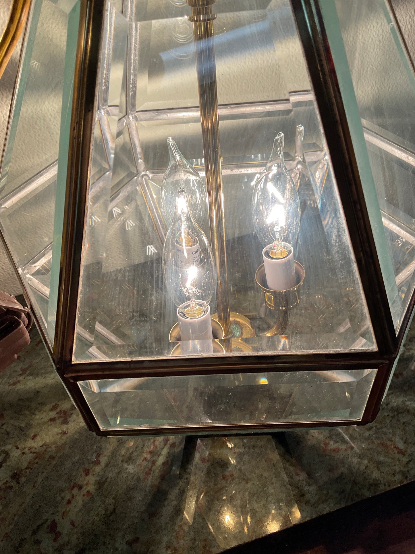 Vintage Hexagonal Brass/Beveled Glass Fixture