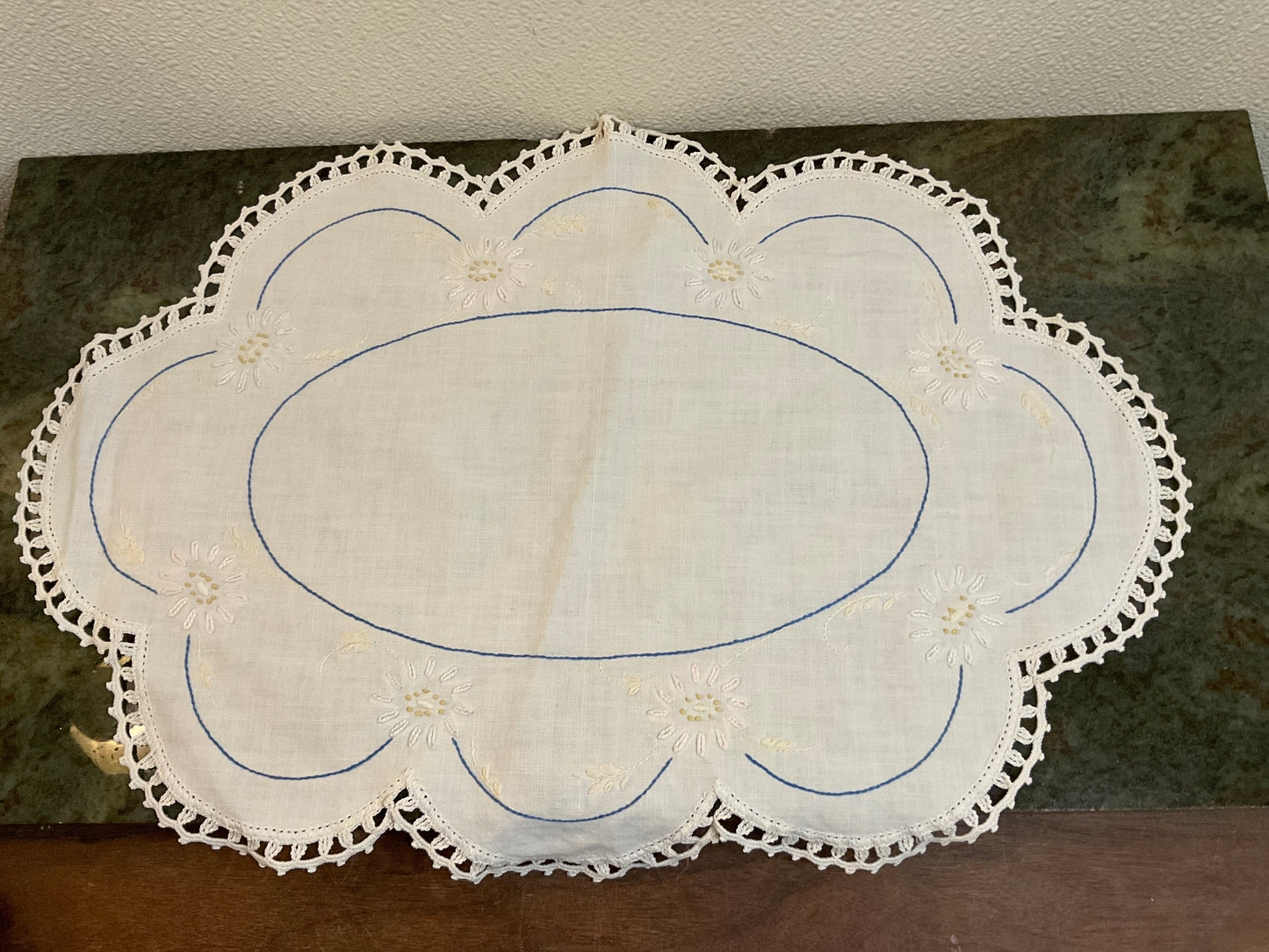 Vtg 19” Scalloped Edge Embroidered Doily or Placemat
