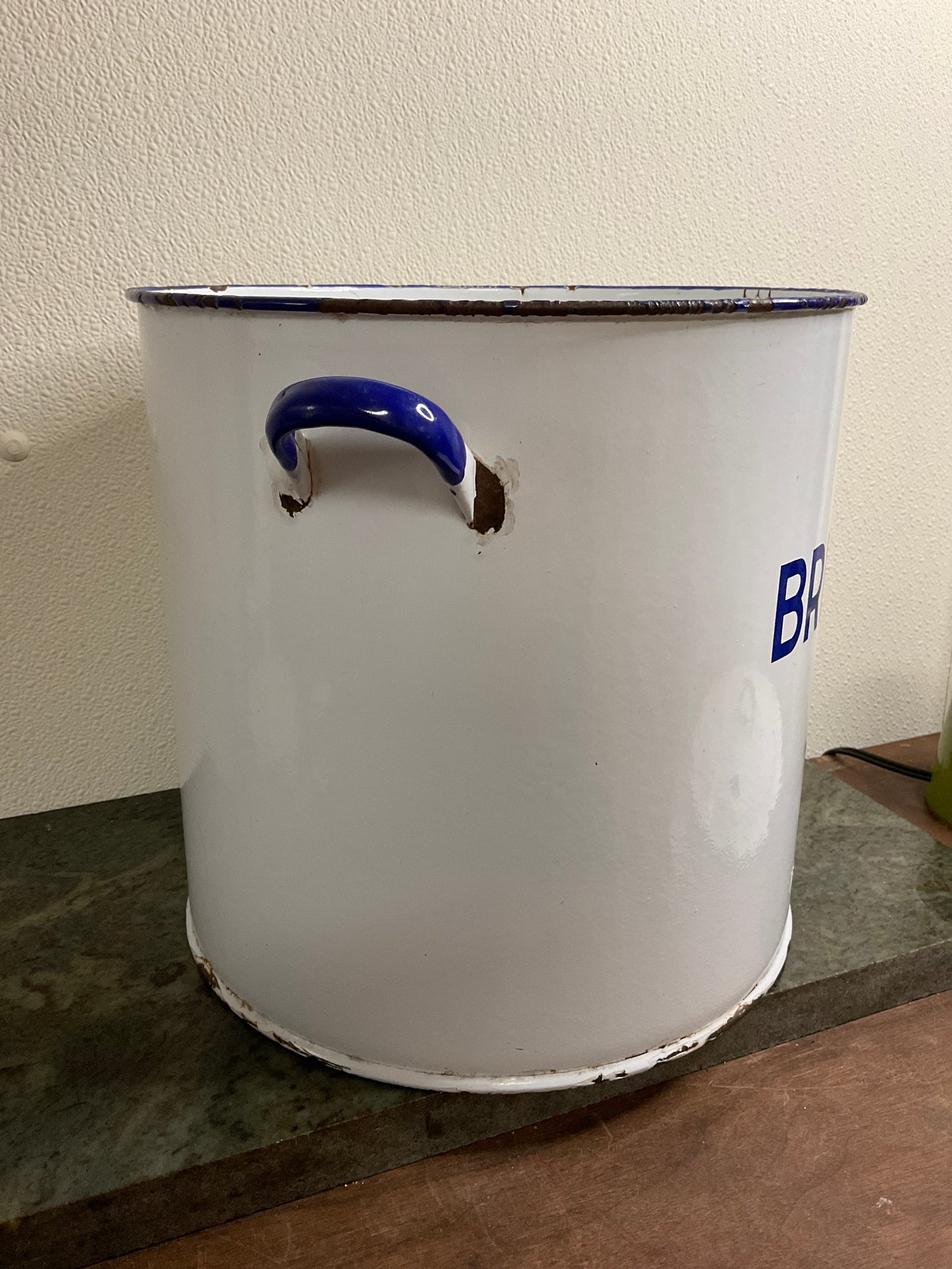 Vintage White Enamel Bread Pot with Blue Rim