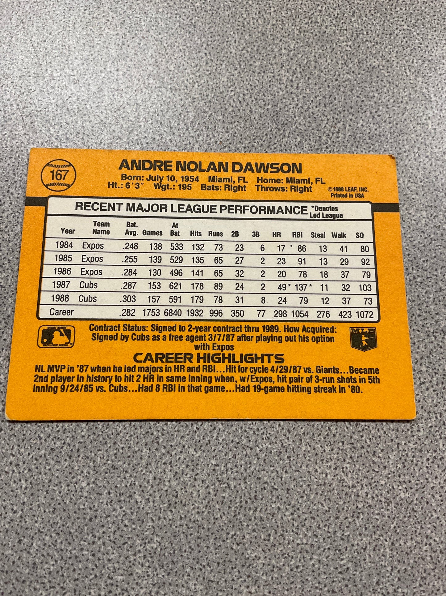 Baseball Card Andre Dawson