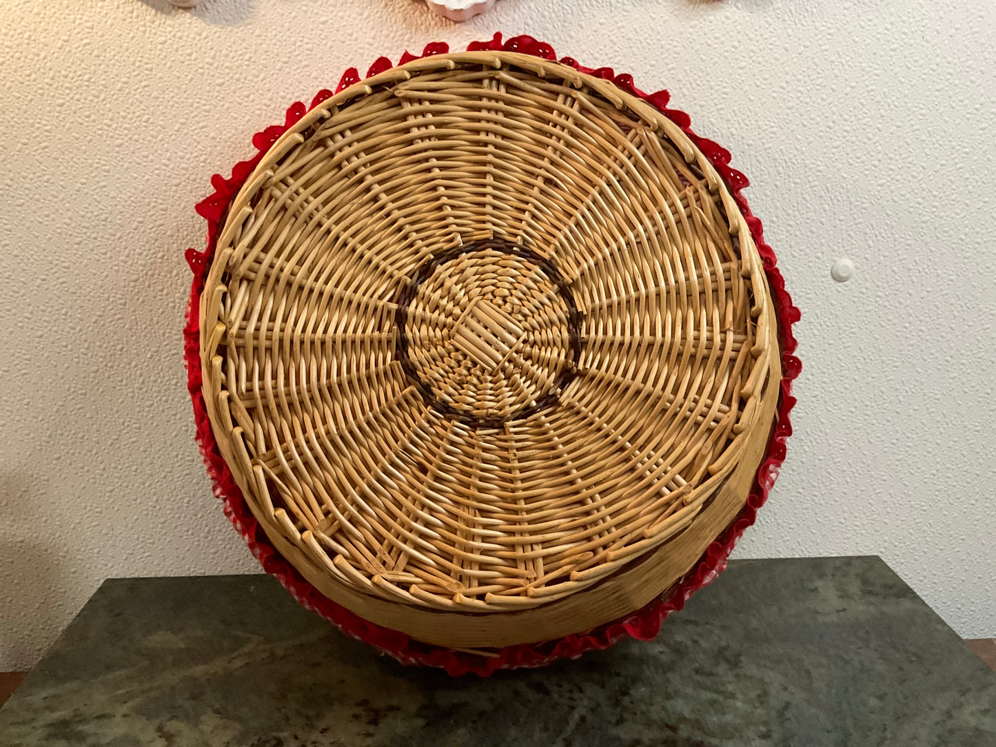 14.5” x 5” Round Wicker Basket w/Red Checked Lining