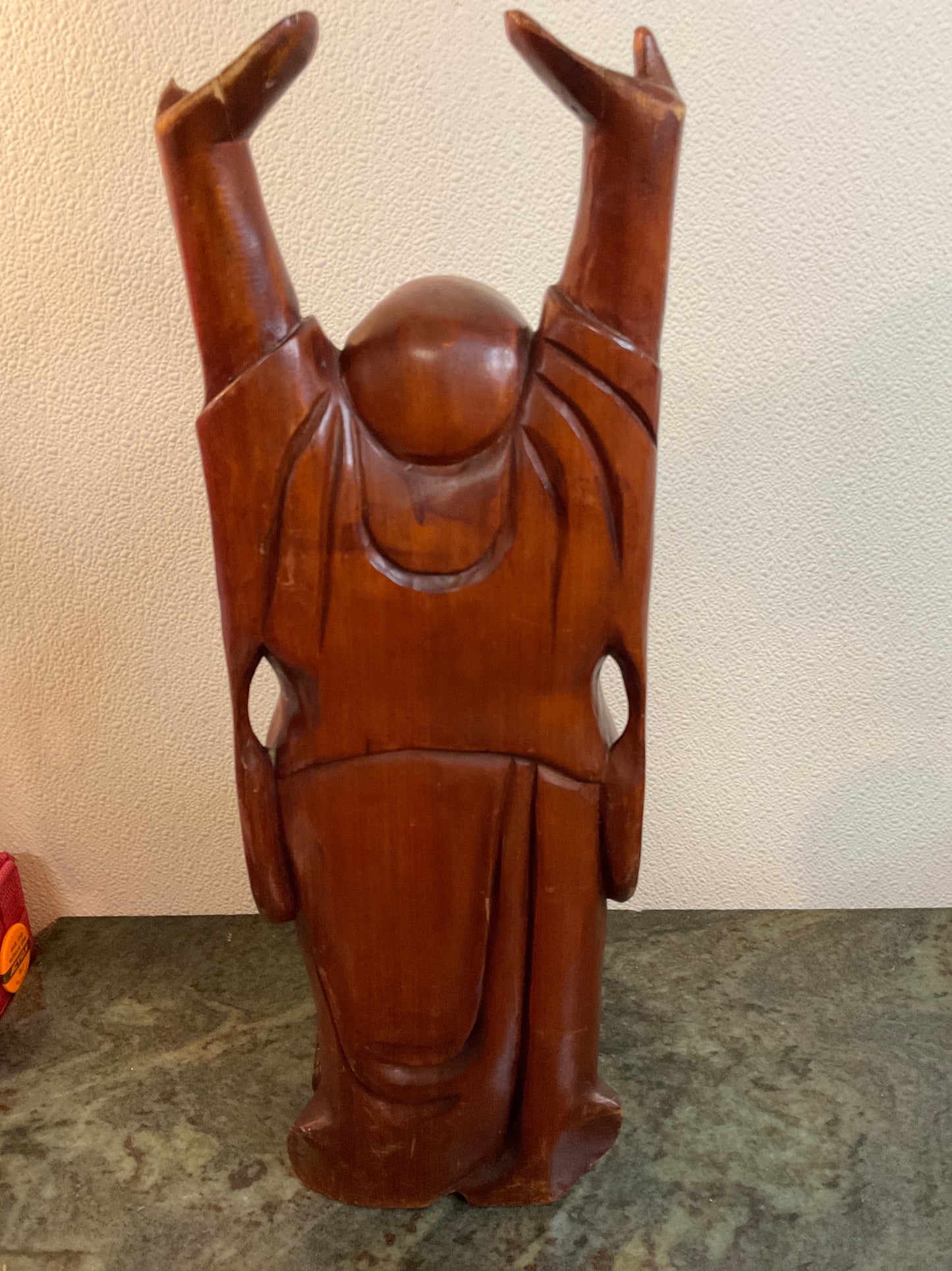 Hand Carved Wood Standing Laughing Buddha