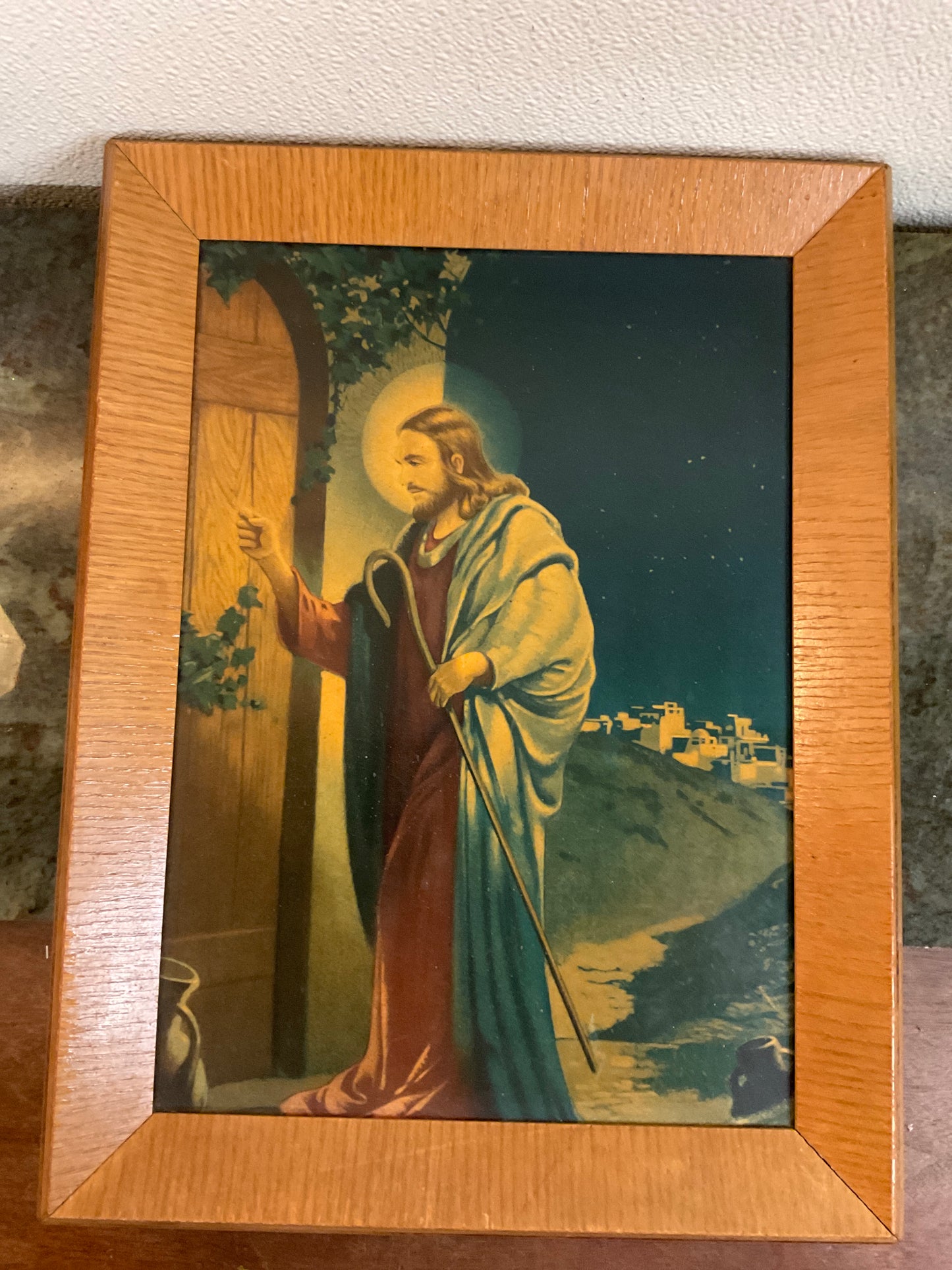 Vintage Jesus Knocking Lithograph Hardboard in Wood Frame