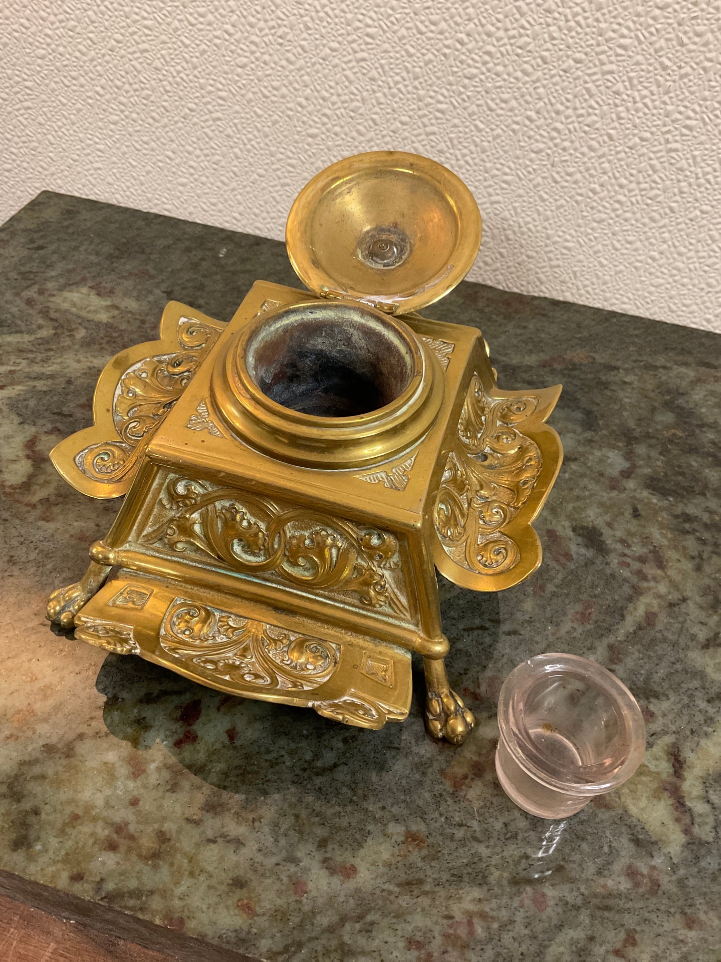 Vtg Brass Ink Well w/Glass Ink Bottle