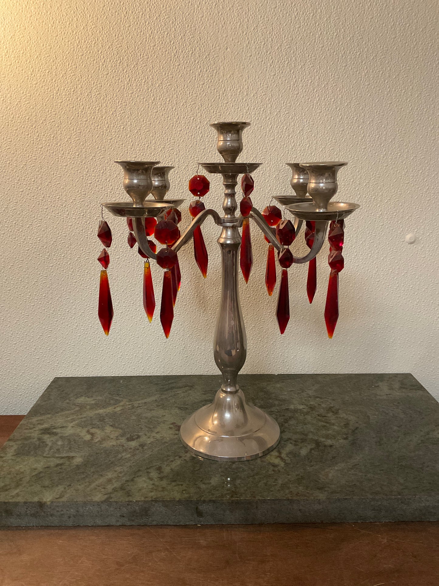 4 Arm Candelabra With Red Glass Prism