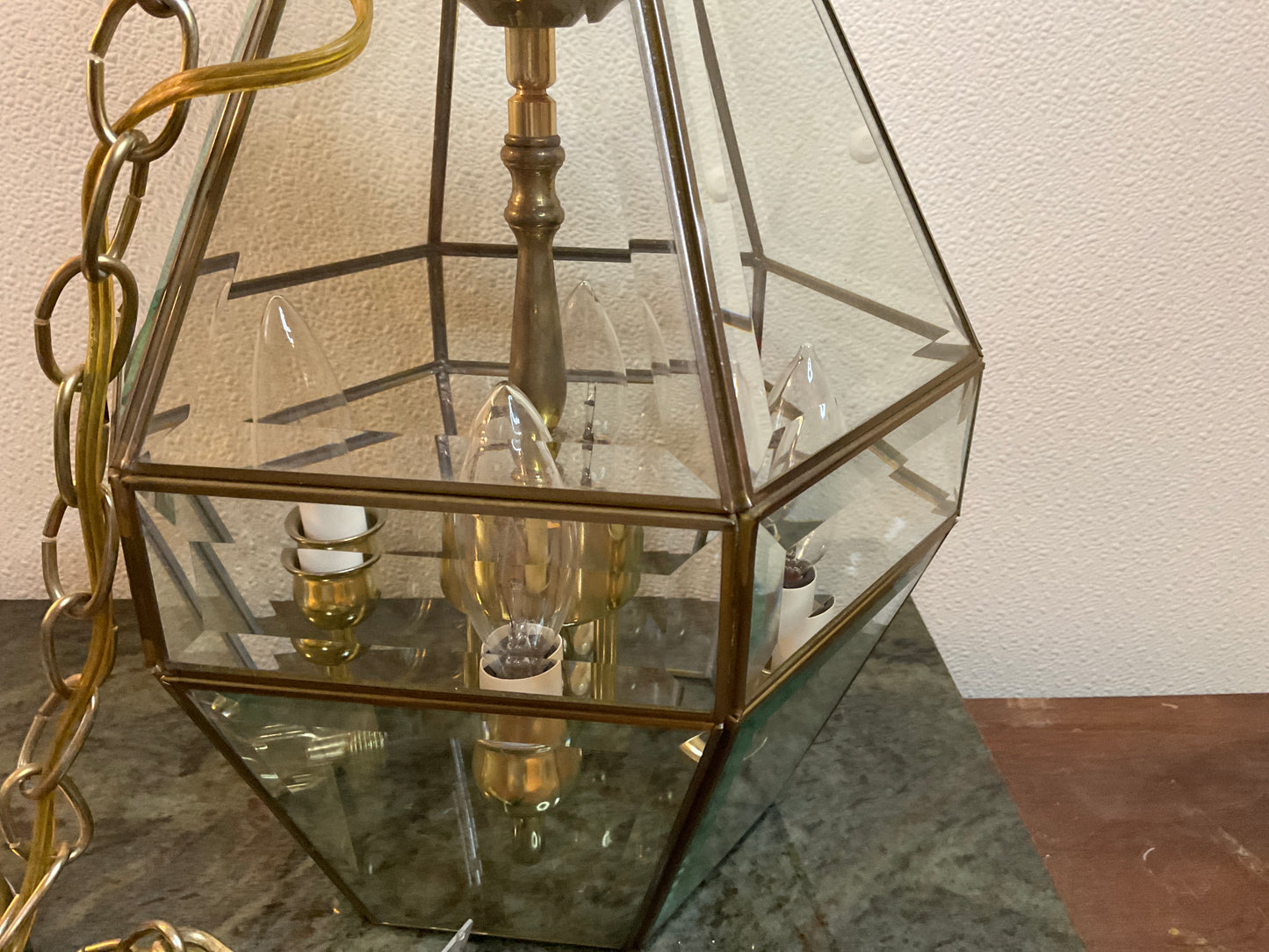 Hexagonal Brass/Beveled Glass Ceiling Fixture