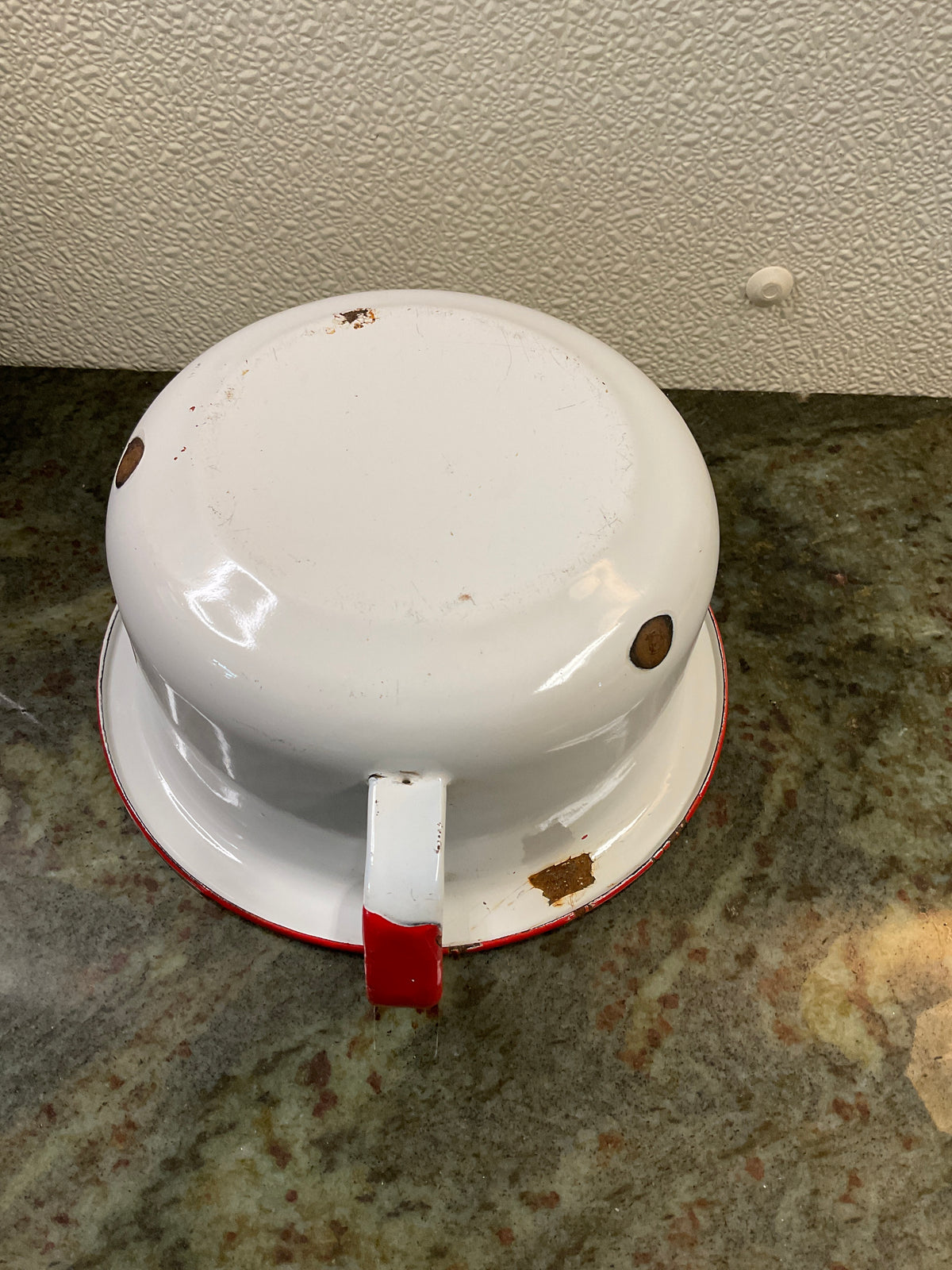 Vintage Red & White Small Enamel Bowl w/ Handle