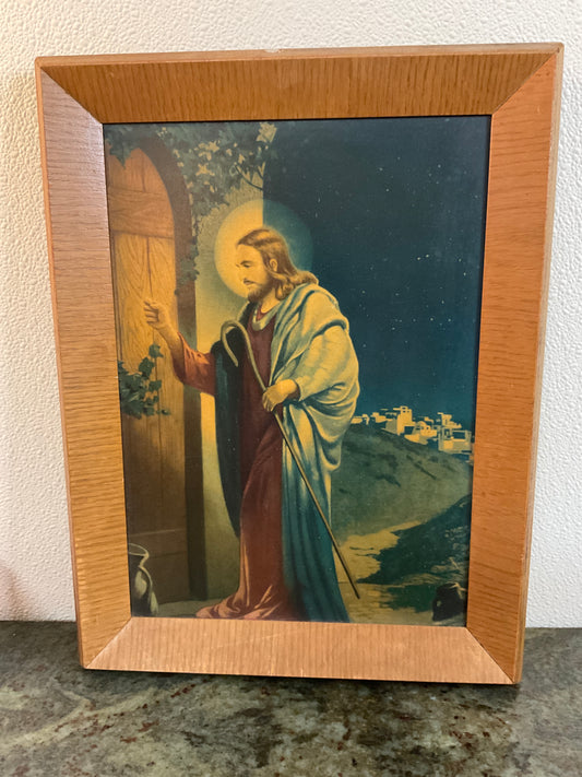 Vintage Jesus Knocking Lithograph Hardboard in Wood Frame