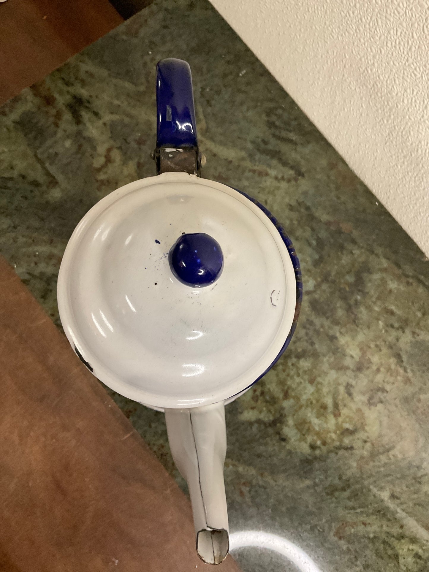 Vintage White Kettle/Pot with Blue Rim & Handle