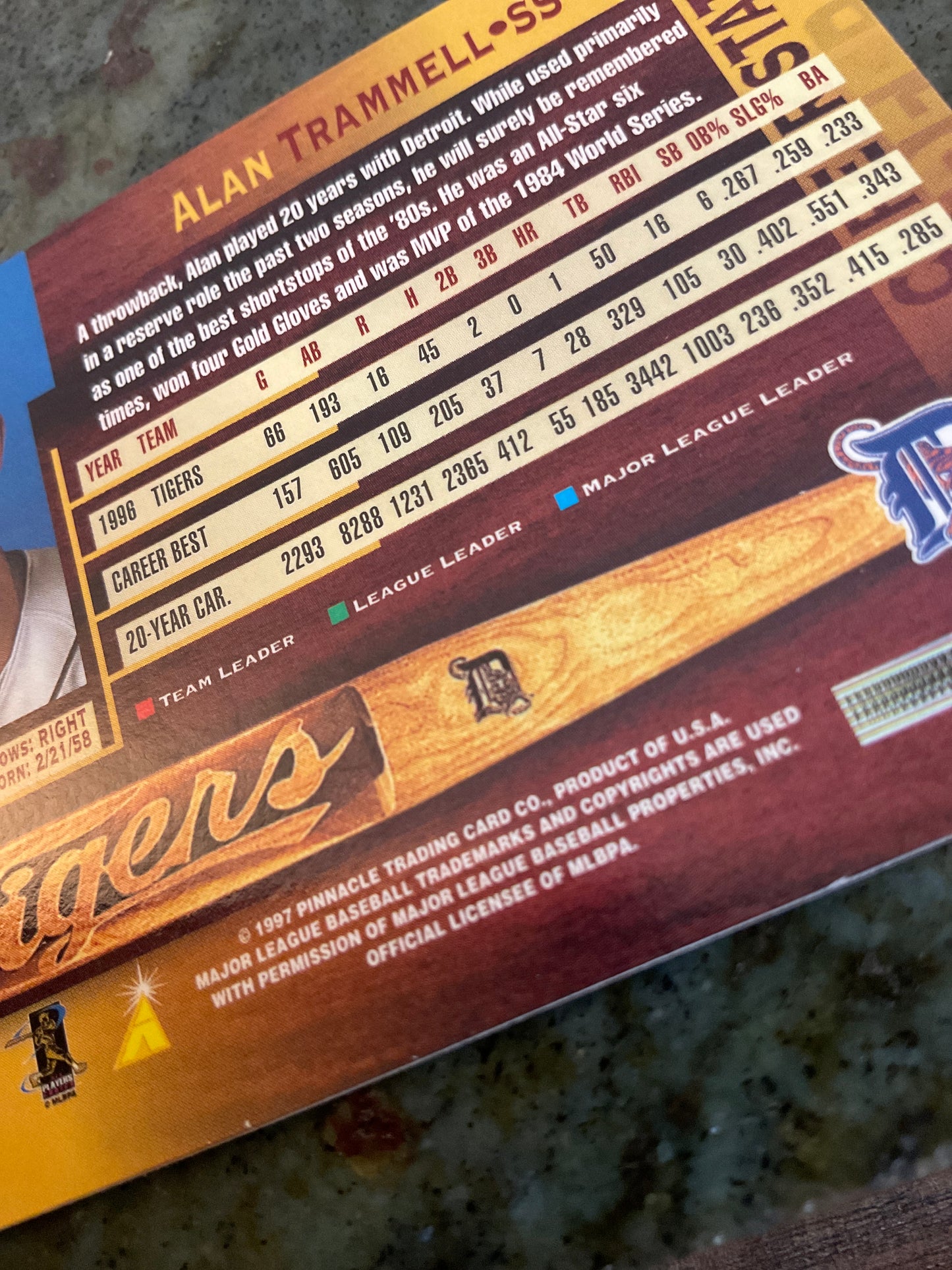 1997 Pinnacle Alan Trammell Baseball Card