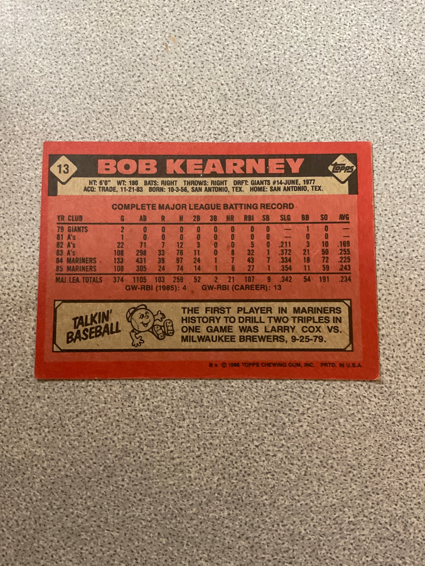 Baseball Card Bob Kearney