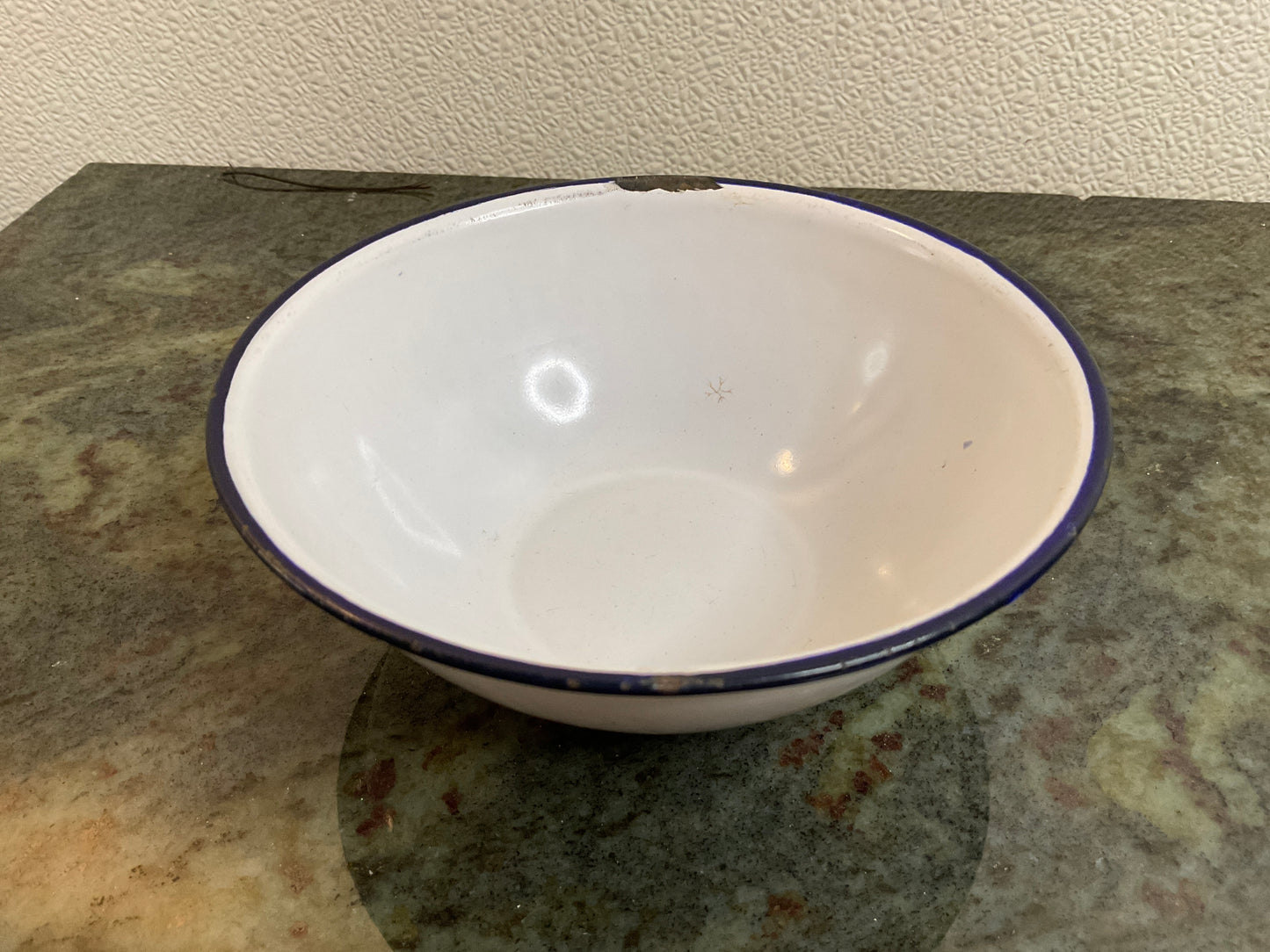 Vtg White Enamel/Blue Rim Small 6” Bowl