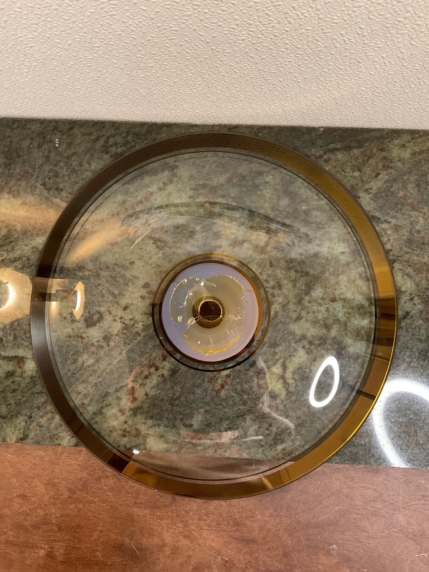 Vtg 13” Round Glass Tray w/Gold Rim & Center