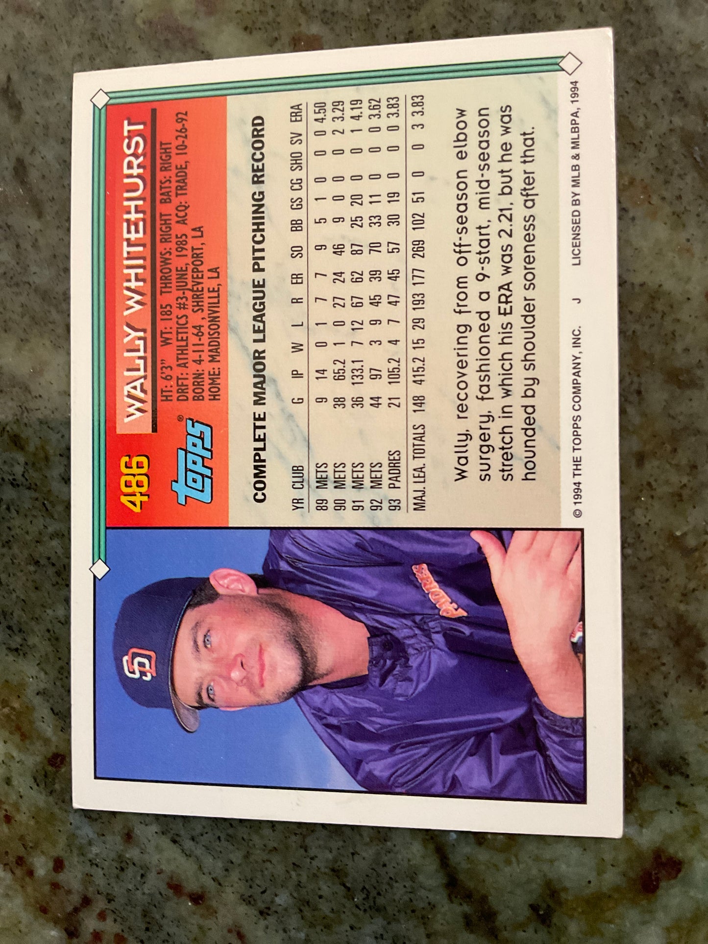1994 Topps Wally Whitehurst Baseball Card