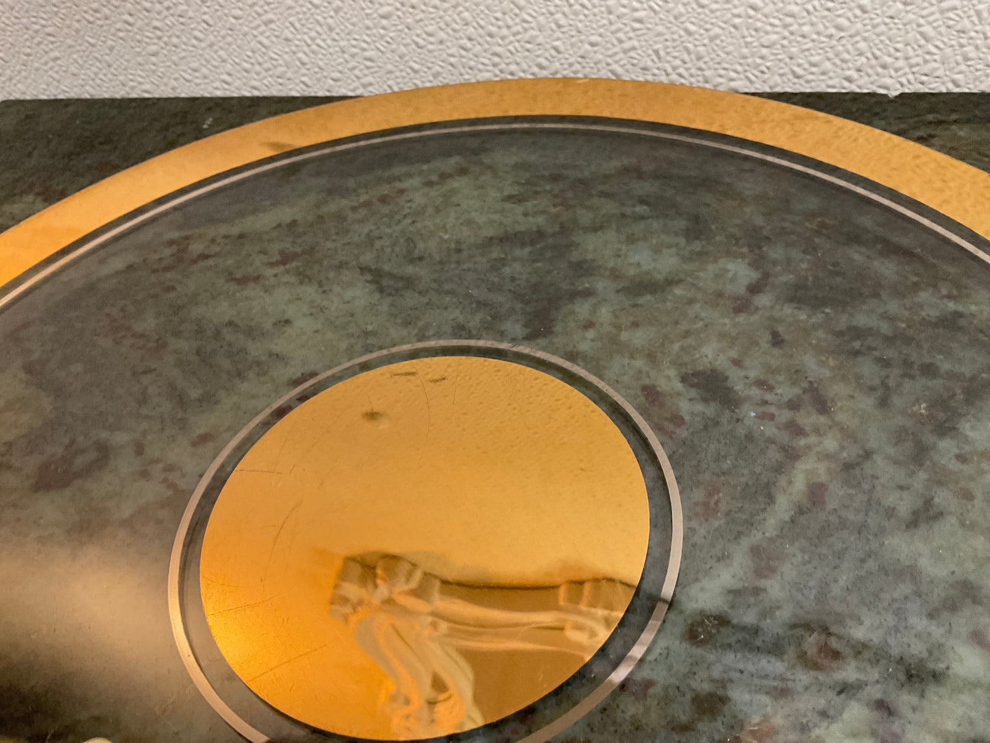 Vtg 13” Round Glass Tray w/Gold Rim & Center
