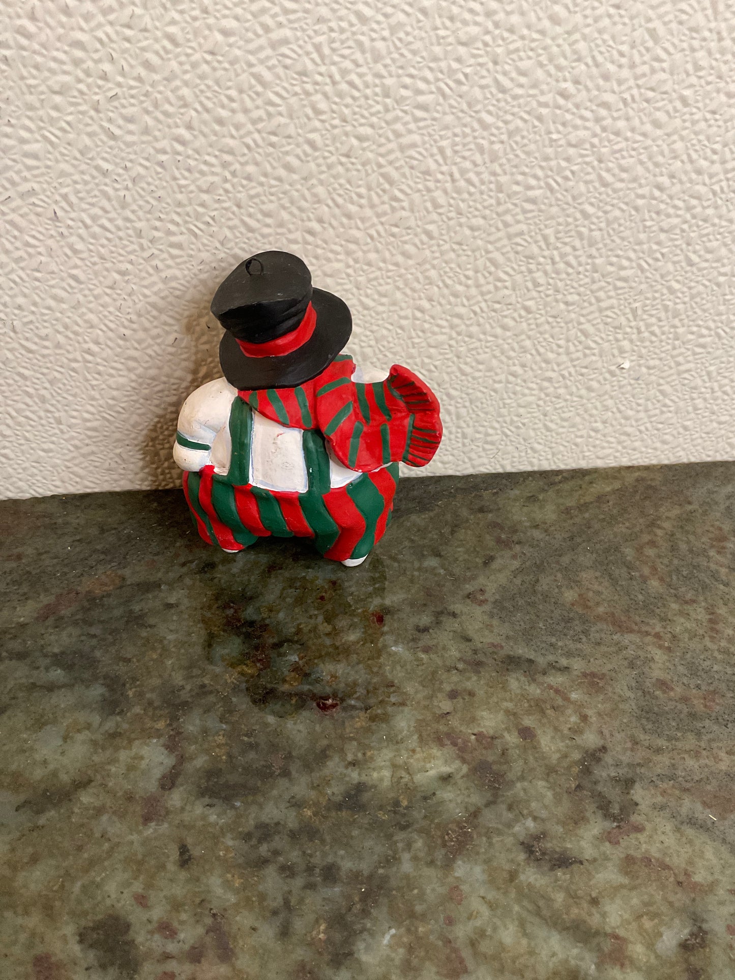 Snowman Ornament with Green and Red striped Pants and Scarf