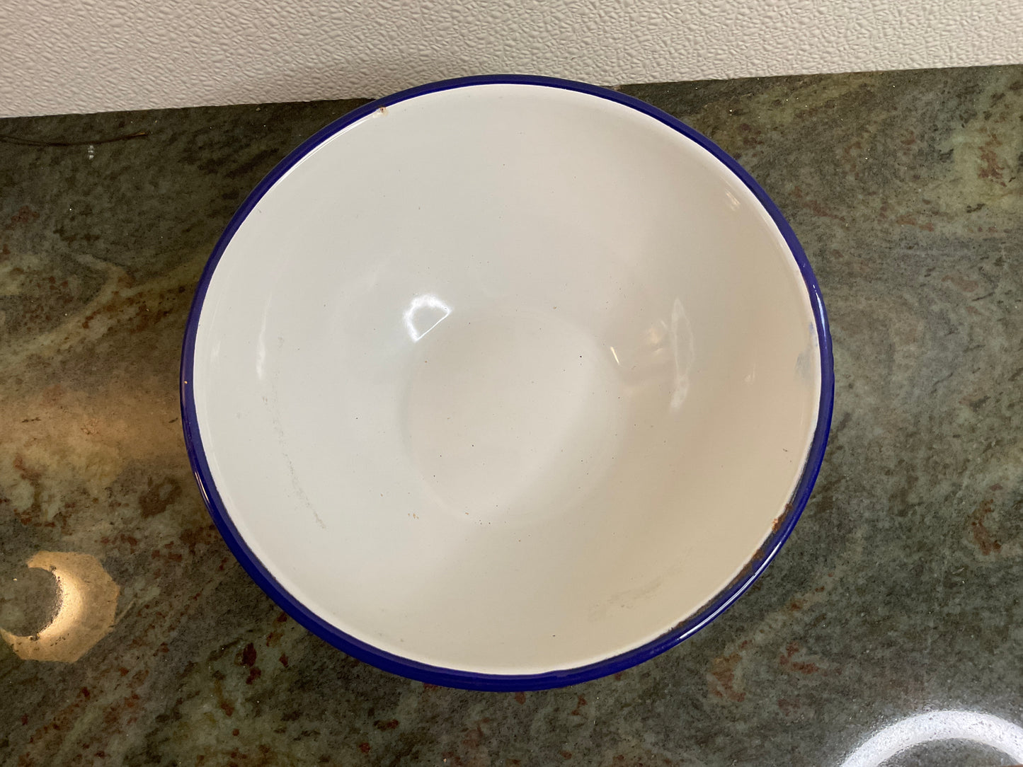 Vtg White Enamel/Blue Rim 8.5” Bowl