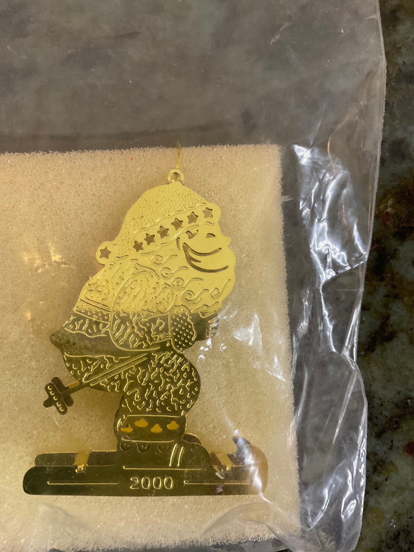 Santa Skiing Brass Colored Christmas Ornamnt
