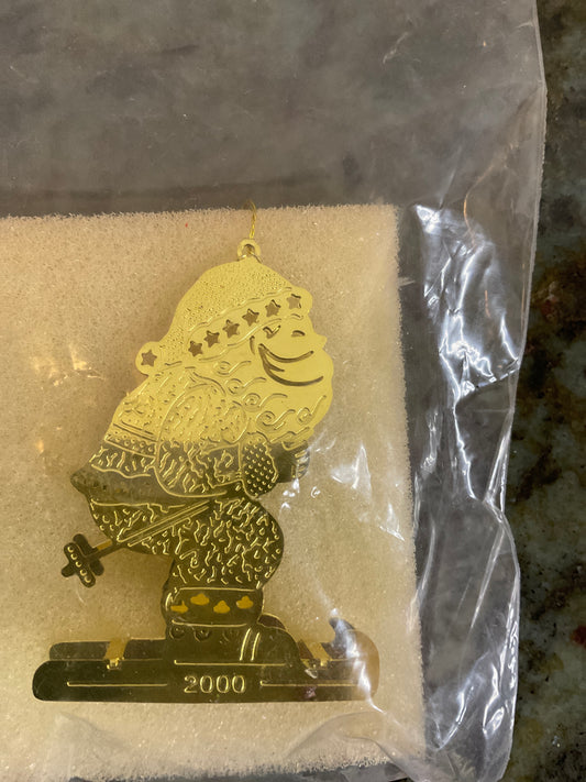 Santa Skiing Brass Colored Christmas Ornamnt