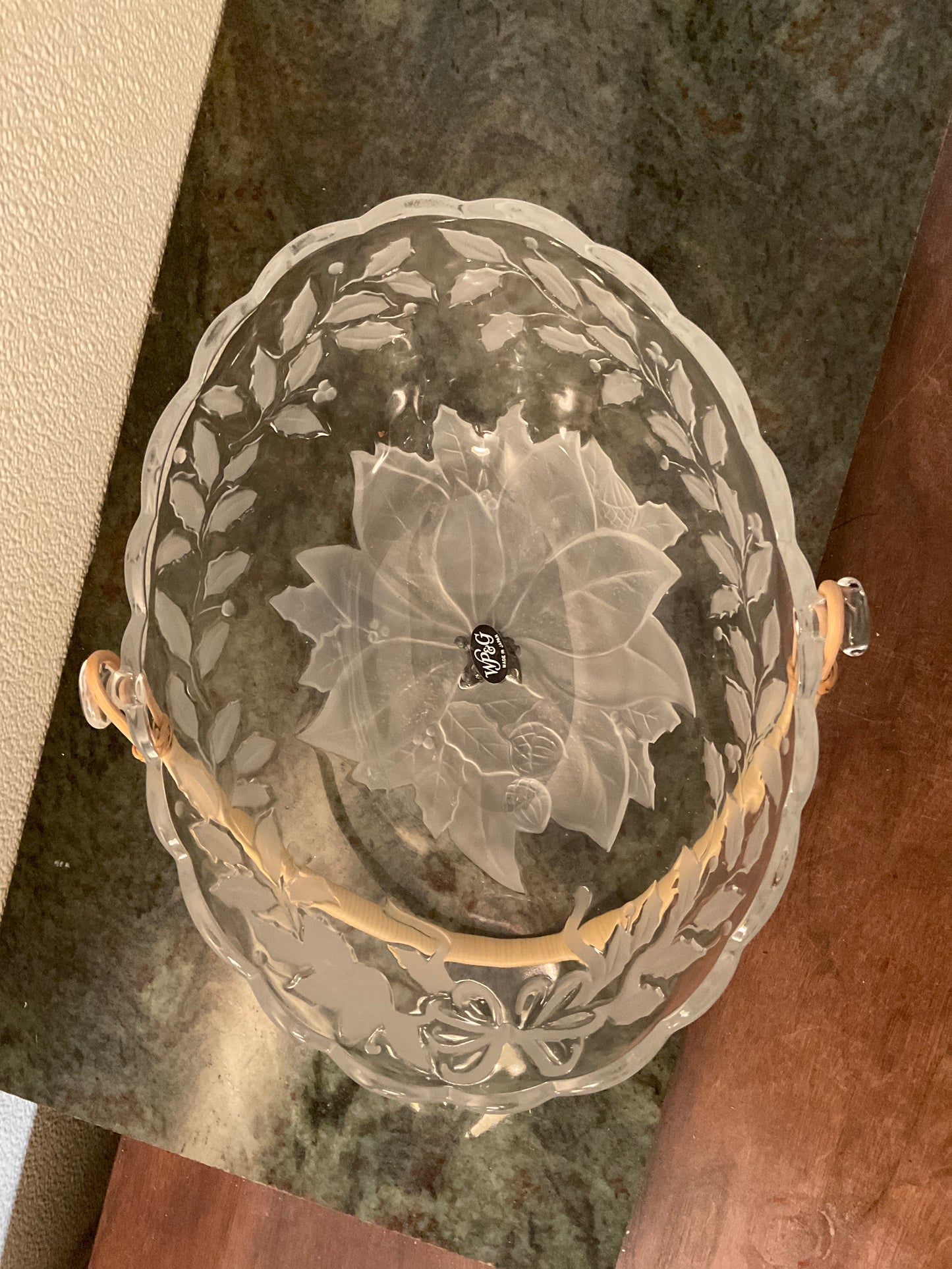 WP&G Crystal Glass Oval Basket W/poinsettia design. Made in Japan.