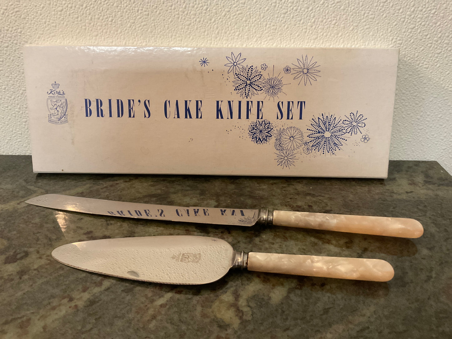 Bride’s Cake Knife Set by Kirk’s Forged Stainless/Sheffield Cutlery w/Plastic Mother of Pearl Handles