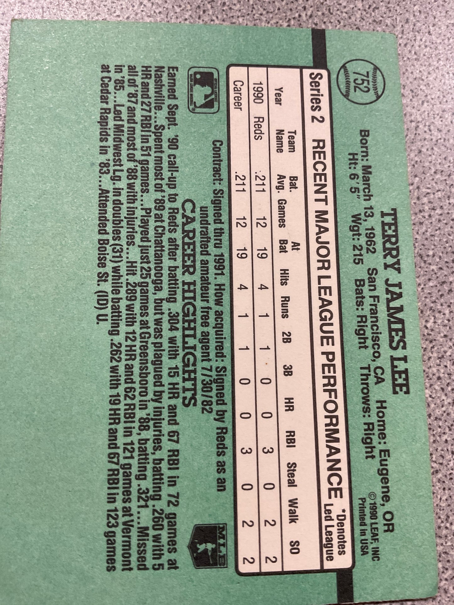 Baseball Card, Terry Lee