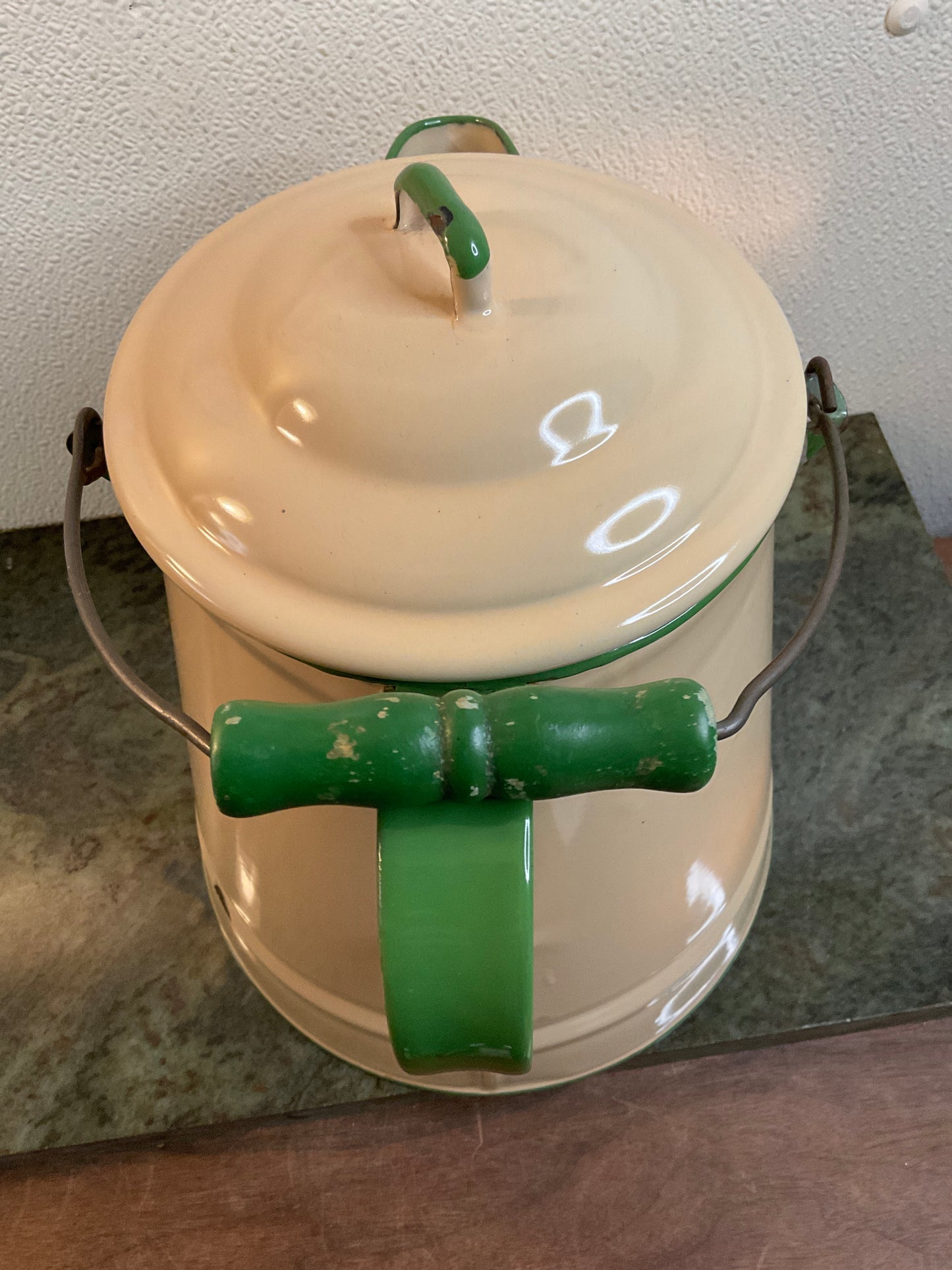 Vtg Cream & Green Enamel Kettle Pot