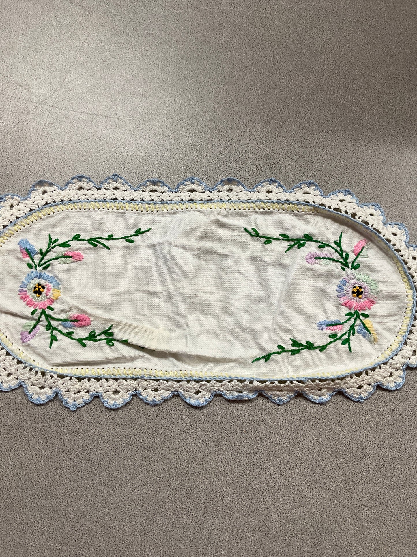 Vintage Embroidered Floral Oblong Doily