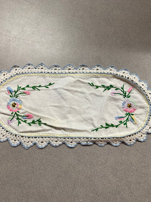 Vintage Embroidered Floral Oblong Doily
