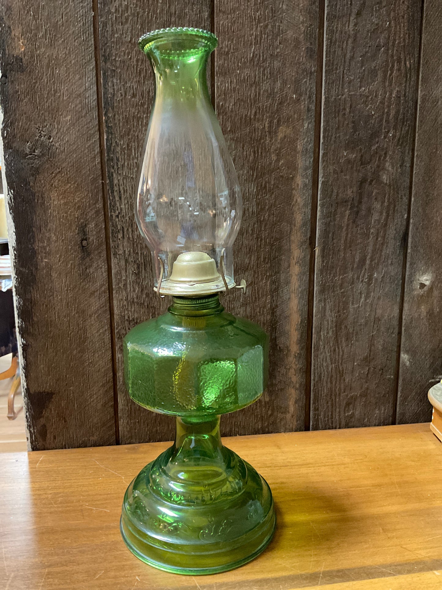 Vintage Oil Lantern with Green Base & Top of Chimney