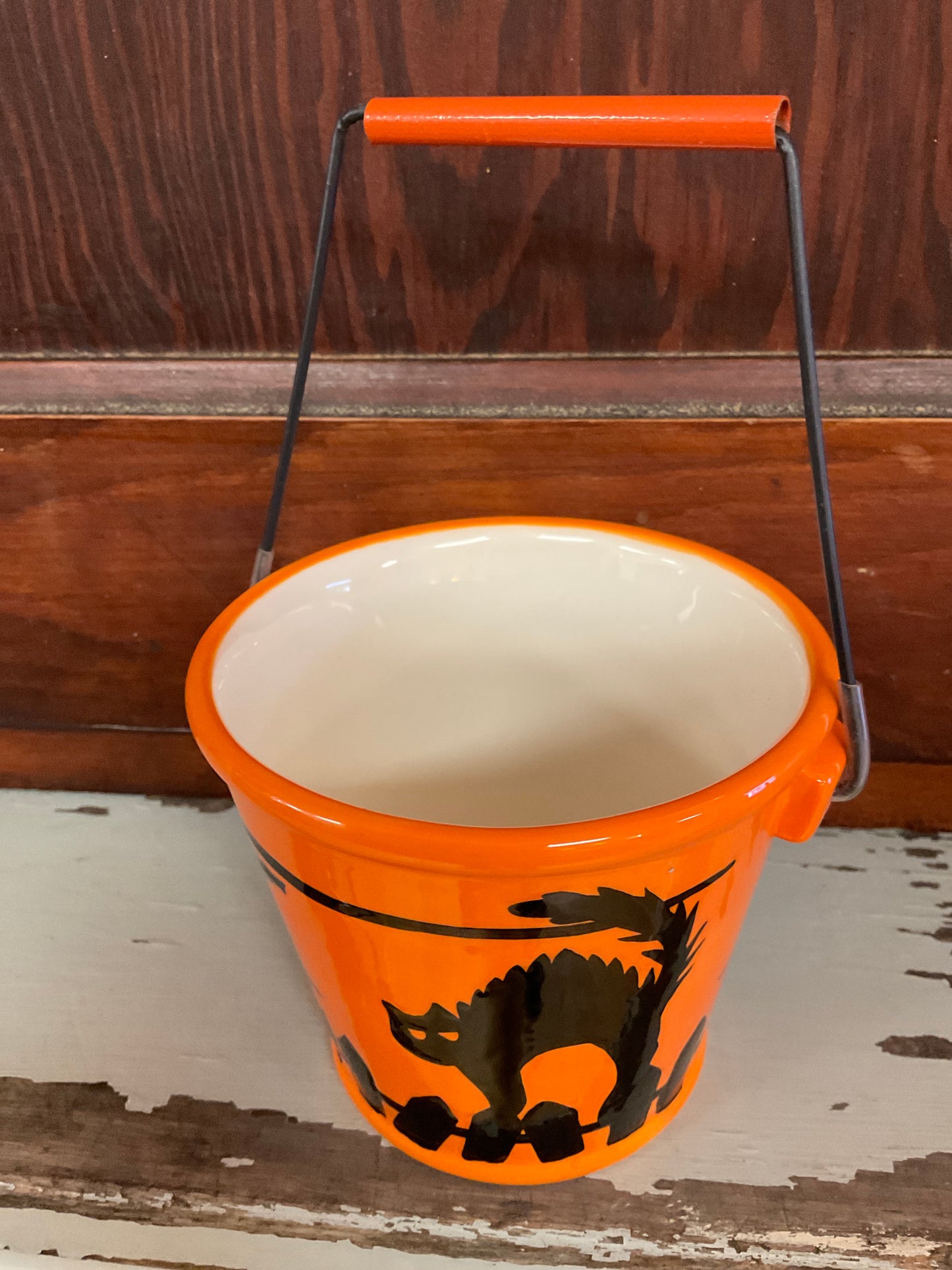 Ceramic Halloween Pail & Black Cat