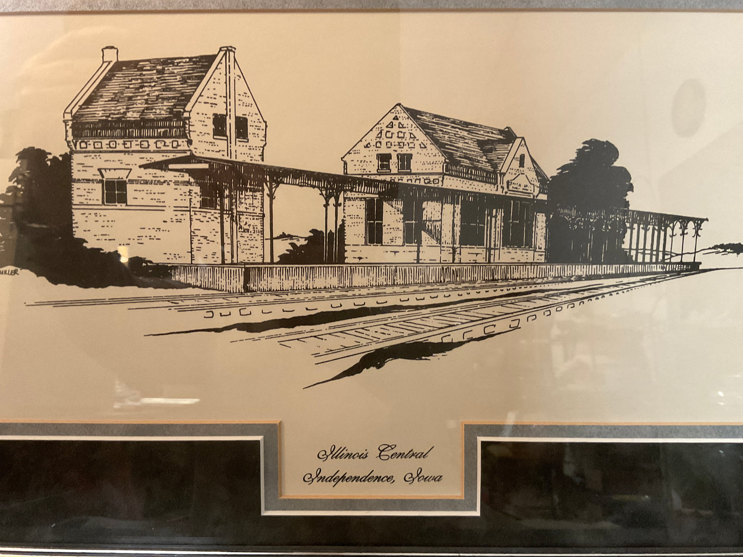 Independence Iowa Illinois Central Railroad Station Framed Ink Art