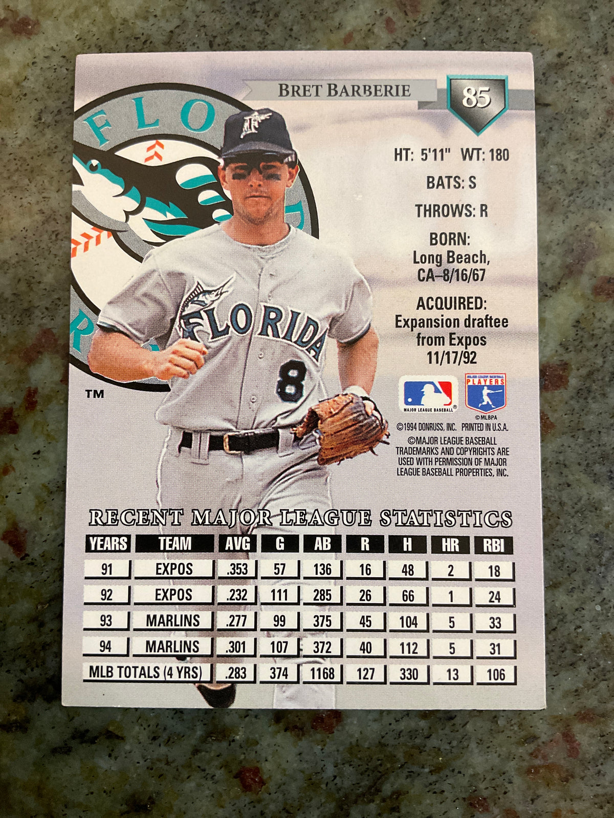 Bret Barberie 1994 Donruss Baseball Card