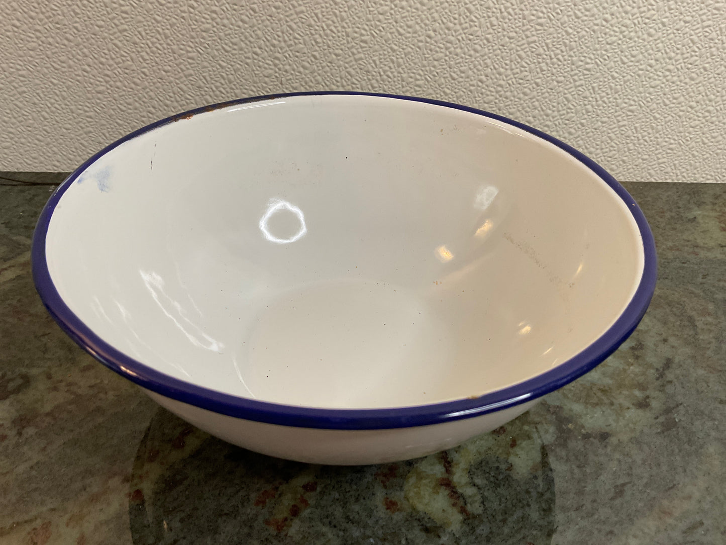 Vtg White Enamel/Blue Rim 8.5” Bowl
