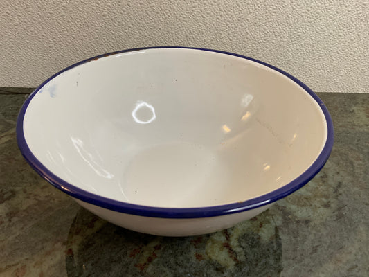 Vtg White Enamel/Blue Rim 8.5” Bowl
