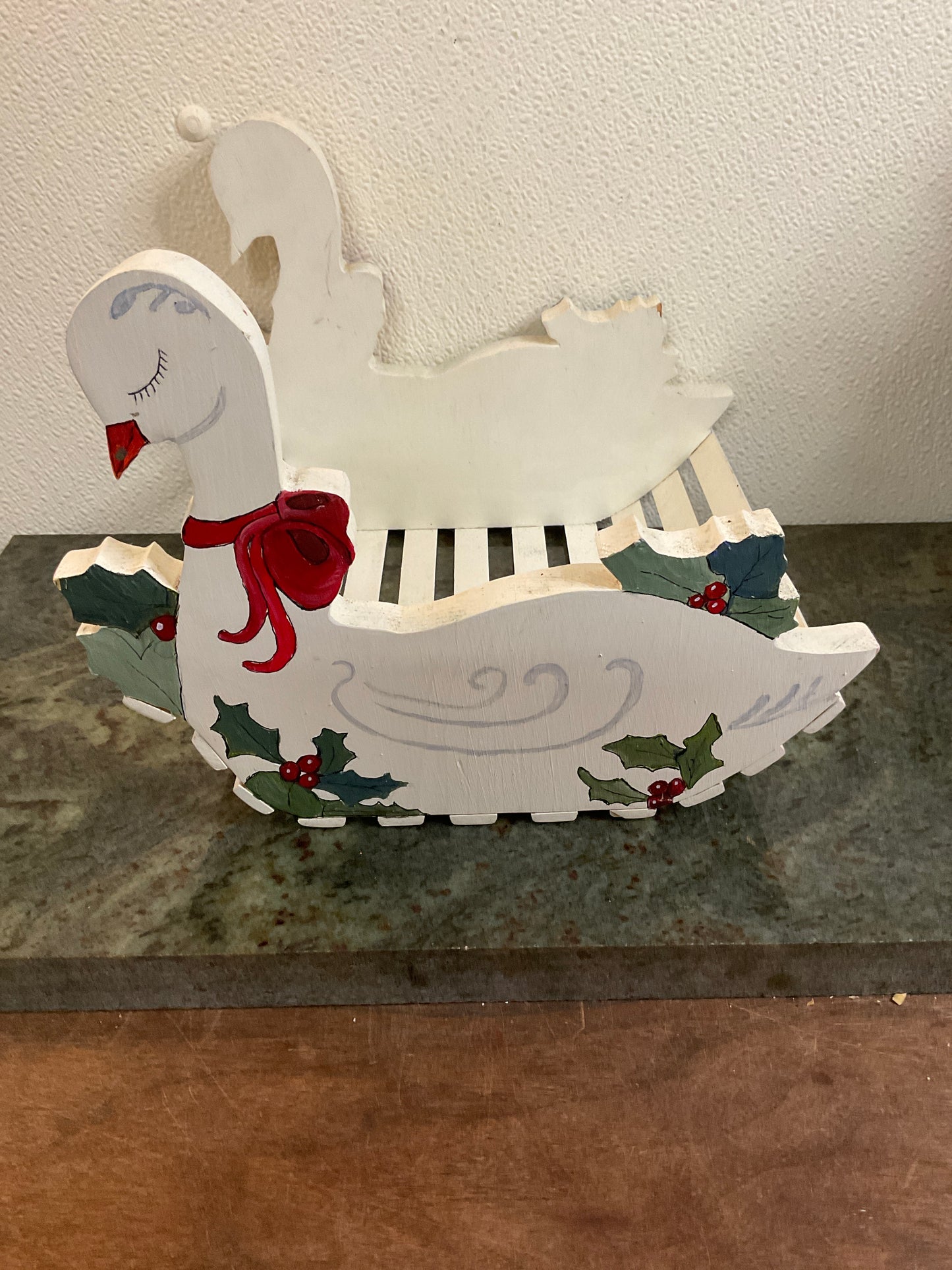 Vintage Hand Painted Wood Christmas Swan Display