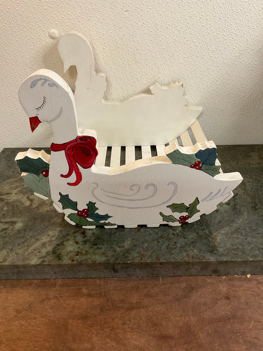 Vintage Hand Painted Wood Christmas Swan Display