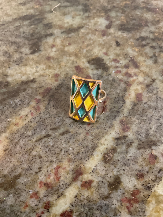 Truley Vintage  rectangle  turquoise and yellow Ring