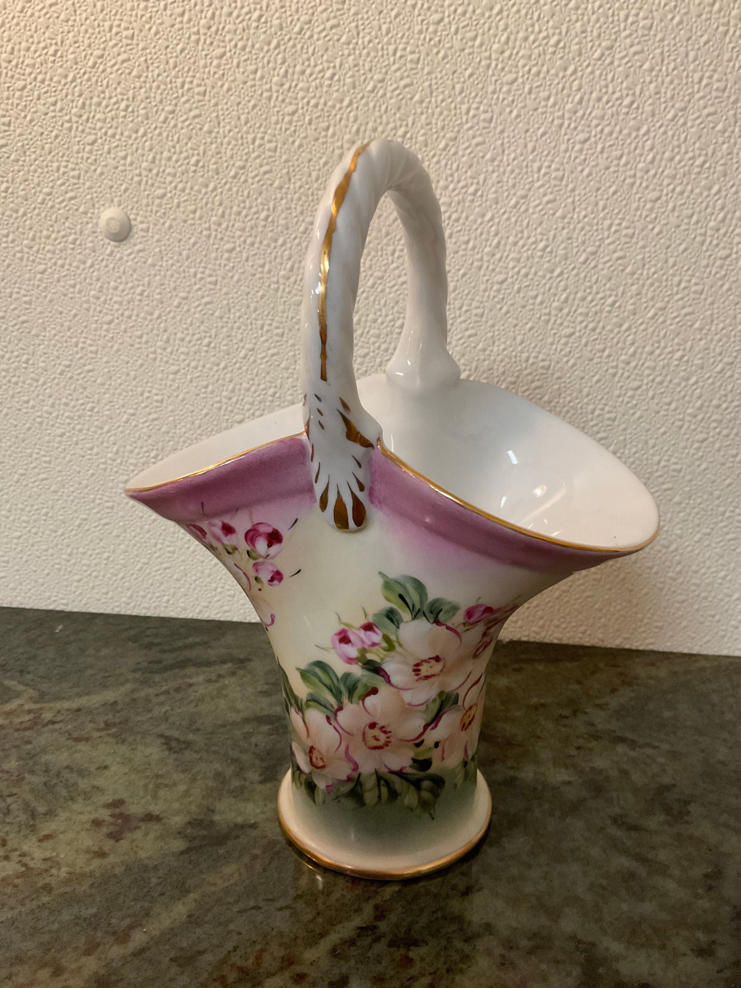 Limoges China Basket vase w/floral design