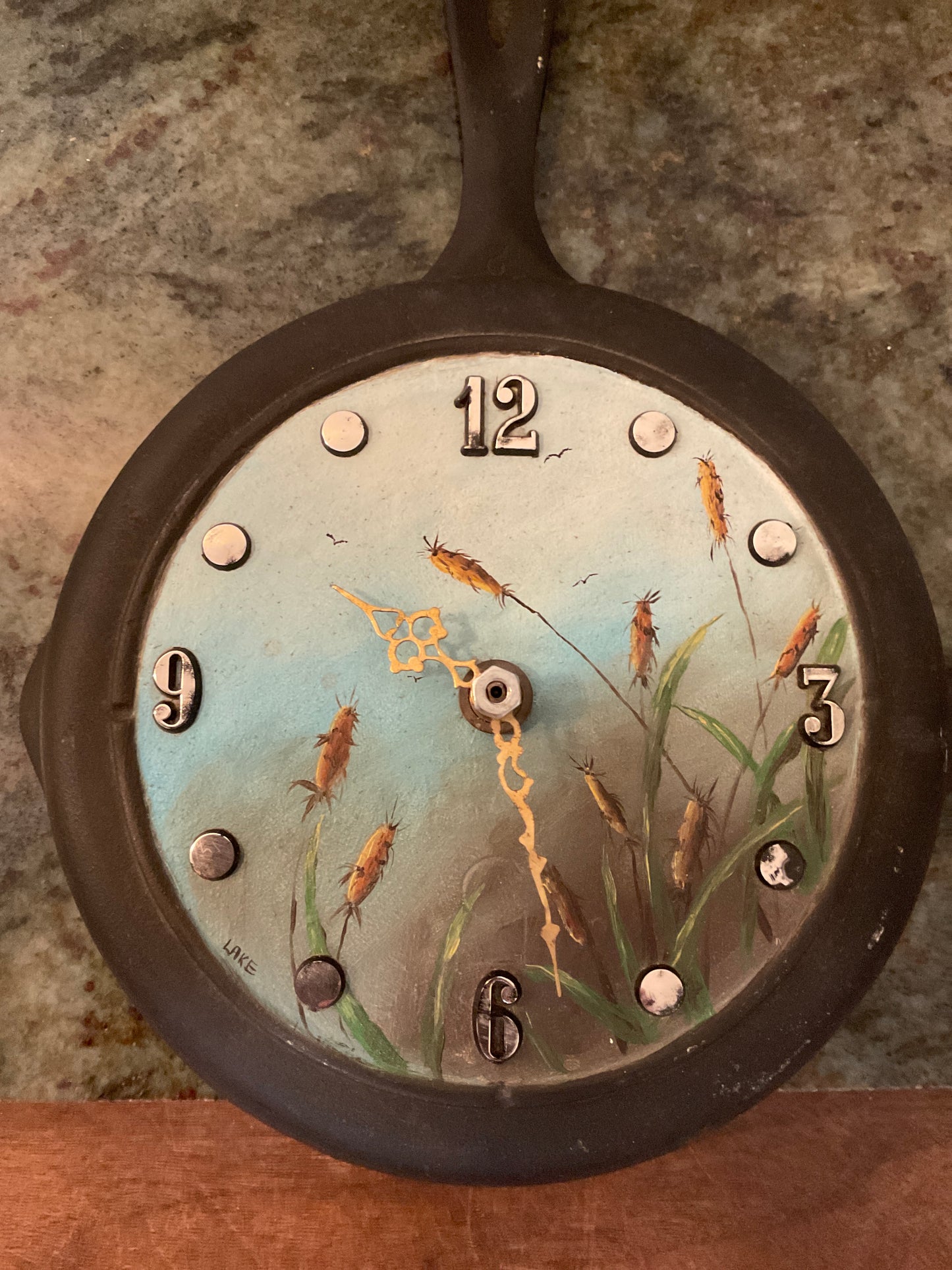 Hand Painted Cattails On Small Cast Iron Skillet Clock