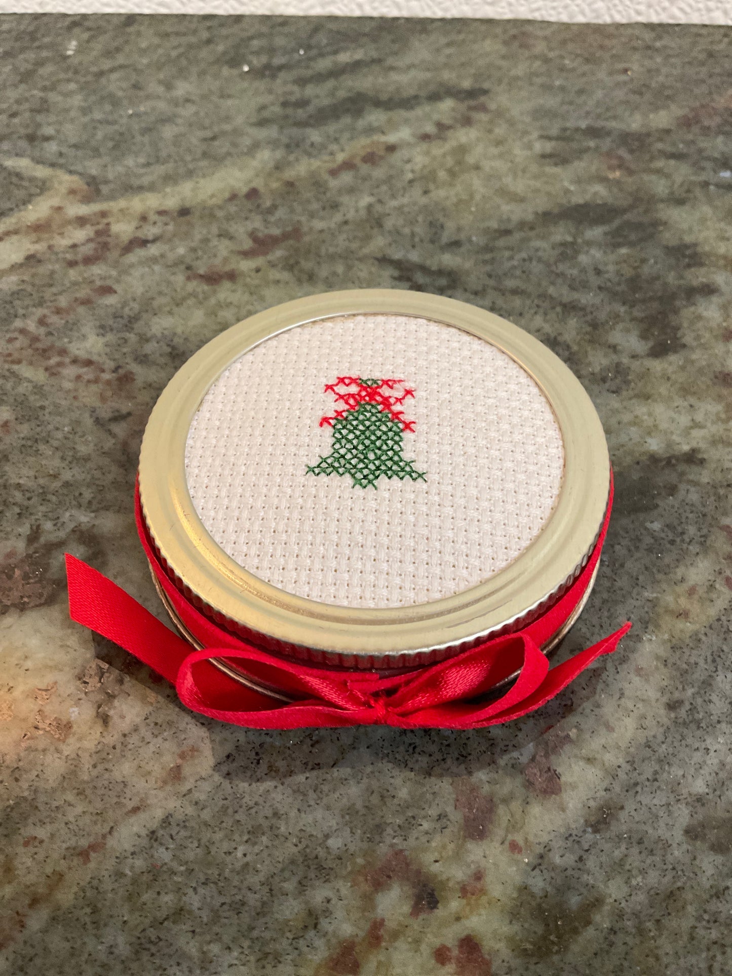 Hand CrossStitch Bell Mason Jar Decor