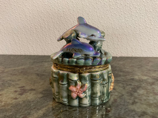 Ceramic Iridescent Dolphins Trinket Box Florida