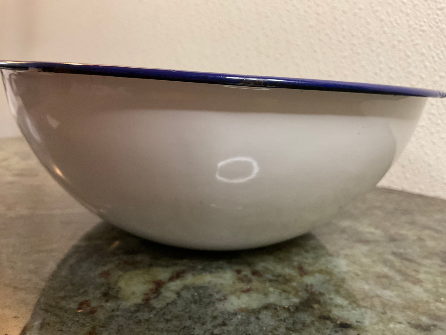 Vtg White Enamel/Blue Rim 8.5” Bowl