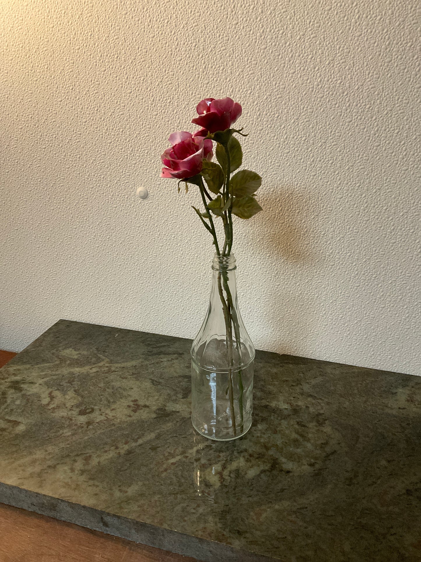 Three Hand Painted Glass Roses In clear Bottle