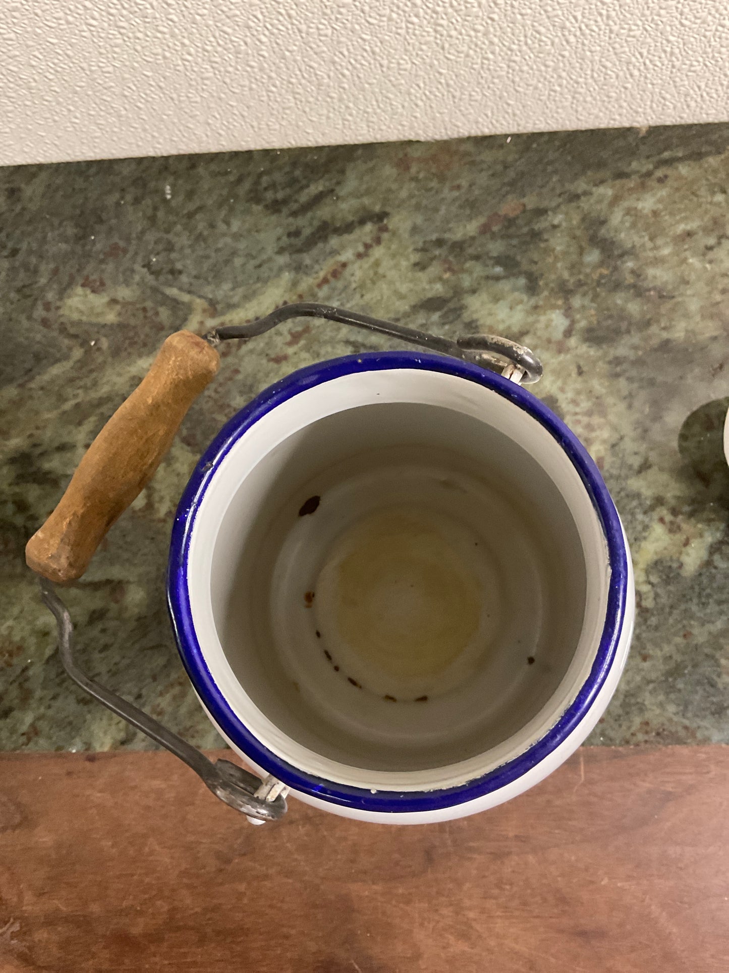 Vintage White & Blue Enamel Milk Can with Wooden Handle